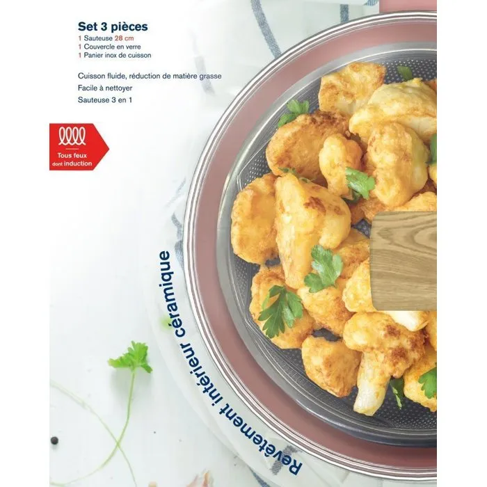 Arthur Martin Sartén AM0333 con Tapa y Cesta, Revestimiento Cerámico Rosa, Ø 24 cm, Apta para Inducción 2