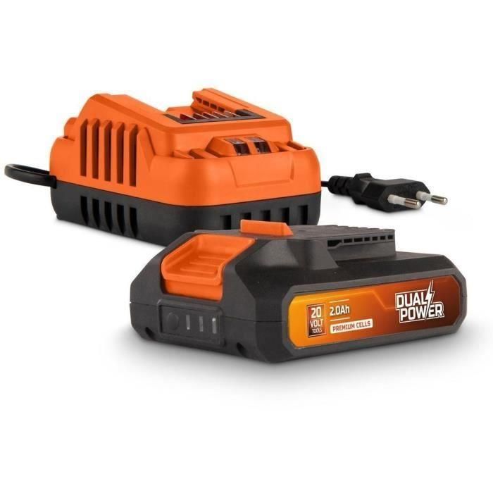 Batería y Cargador - Dual Power - POWDP90620 - Batería 2.0Ah 20V y cargador 2A - Para herramientas de bricolaje inalámbricas de 20V