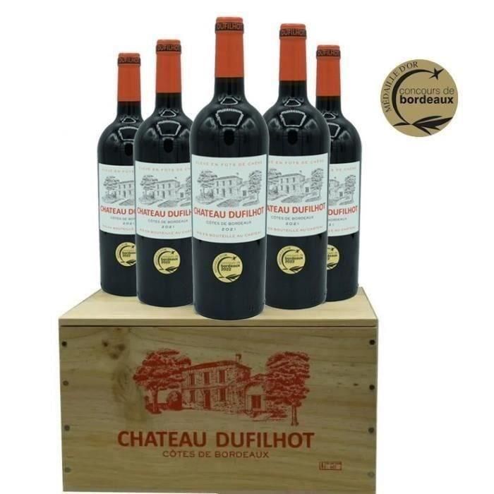 Château Dufilhot 2021 Côtes de Bordeaux - Vino tinto set de 6 botellas en caja de madera 1