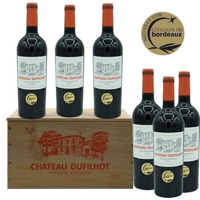 Château Dufilhot 2021 Côtes de Bordeaux - Vino tinto set de 6 botellas en caja de madera