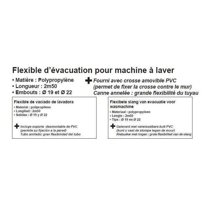 Edouard Rousseau ROU3047403202560 Manguera de desagüe para lavadora, 2,50 m, terminales Ø19 mm y Ø22 mm 1 Edouard Rousseau ROU3047403202560 Manguera de desagüe para lavadora, 2,50 m, terminales Ø19 mm y Ø22 mm 1