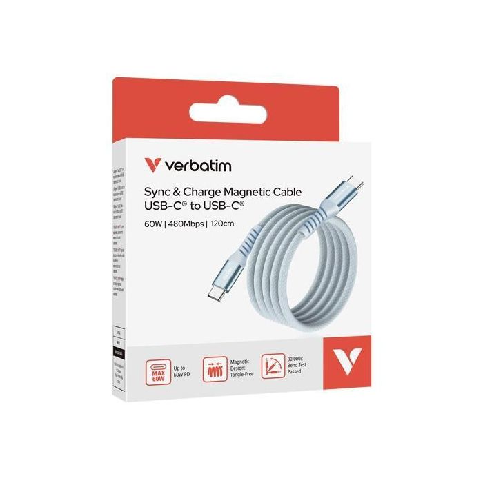 Verbatim Cable Magnético USB-C a USB-C Azul 1,20 M - 480Mbps, 60W, PD 3.0, QC 3.0