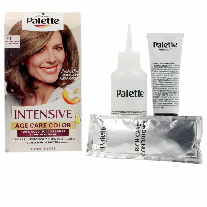 Schwarzkopf #7.1 Palette Age Care Color Tinte Permanente Rubio Ceniza para Canas y Brillo con Mascarilla y Aceite Albaricoque 1 ud. Schwarzkopf #7.1 Palette Age Care Color Tinte Permanente Rubio Ceniza para Canas y Brillo con Mascarilla y Aceite Albaricoque 1 ud.