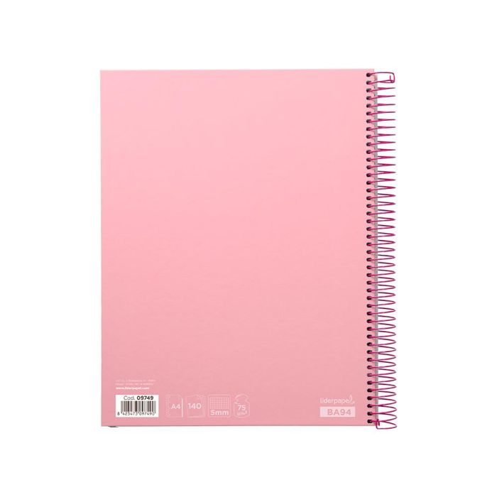 Cuaderno Espiral Liderpapel A4 Micro Jolly Tapa Forrada 140H 75 gr Cuadro 5 mm 5 Bandas 4 Taladros Color Rosa 2