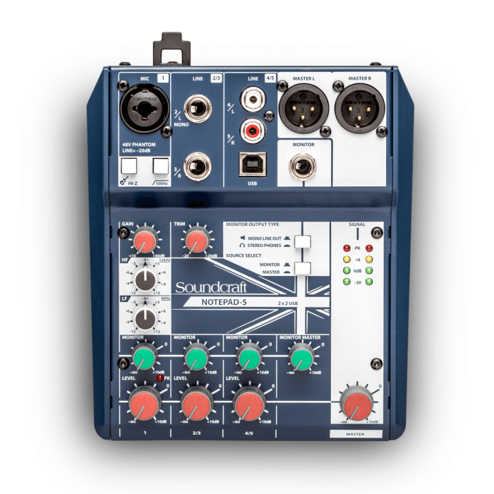 SOUNDCRAFT Notepad-5 Mesa de Mezclas Compacta con Preamplificadores de Micrófono Profesionales e Interfaz de Audio USB
