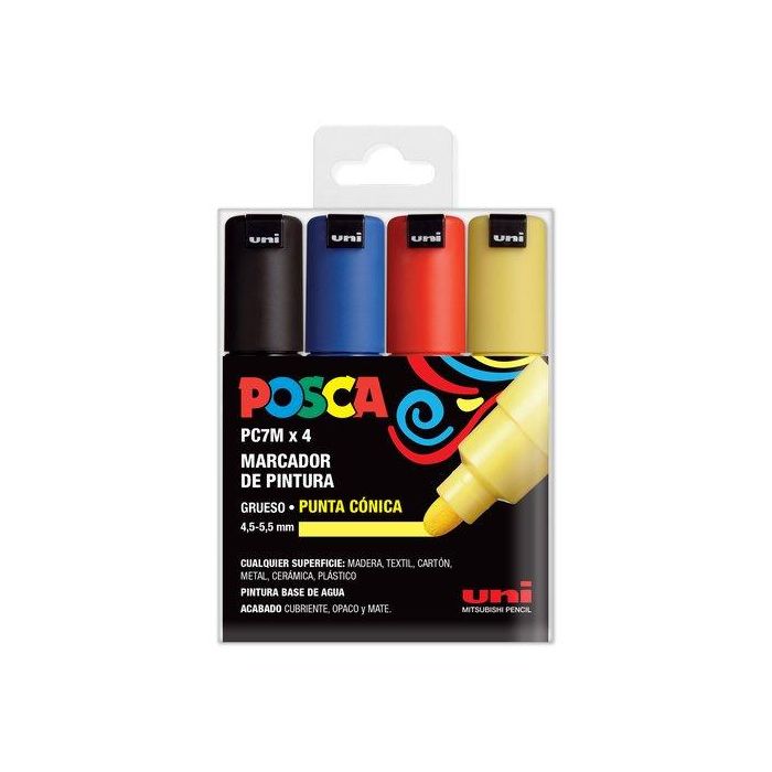 POSCA Marcador PC-7M-4C No Permanente, Punta Biselada 4.5-5.5 mm, Tinta Base Agua, Colores Surtidos Basic - Estuche 4U
