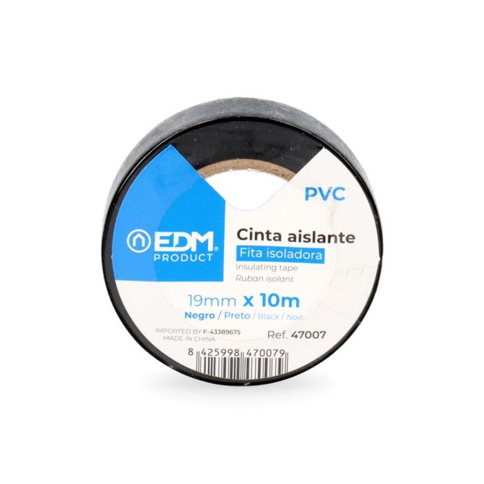 Edm Cinta aislante PVC calidad Supra, negra, 19 mm x 10 m, resistente intemperie, para electricidad, 0.15 mm grosor 1