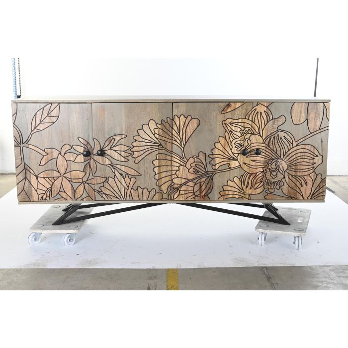 DKD Home Decor Buffet Tropical de Madera de Mango y Metal Gris Natural con 4 Puertas y 2 Estanterías, Detalles de Flores 177x45x74 cm 9