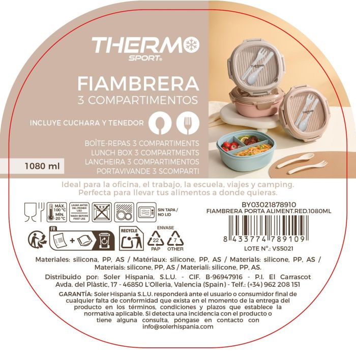 Thermosport Fiambrera Porta Alimentos Redonda 1080 ml - Recipiente Térmico de 20 x 20 x 8 cm (12 Unidades) 5