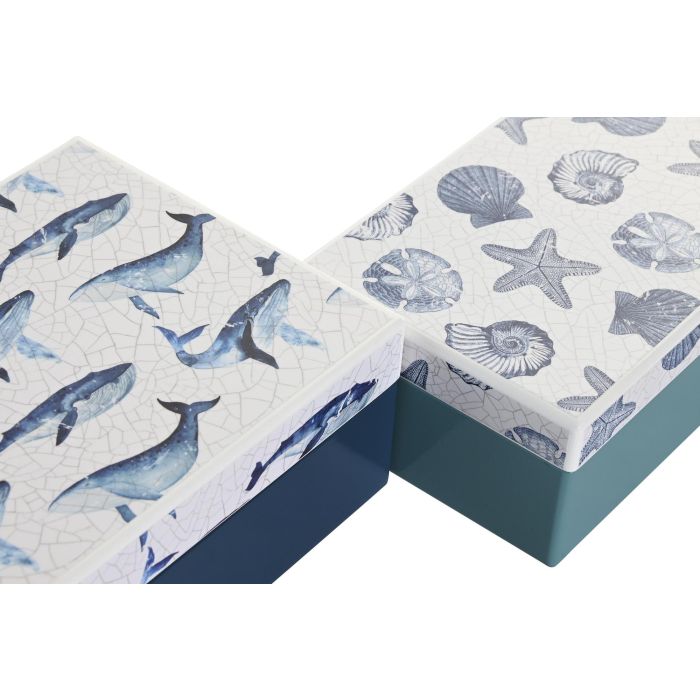DKD Home Decor Caja Decorativa de Madera Estilo Mediterráneo con Diseño Marino Ballena Estrella Azul Celeste Marino 14.5x7.5x20 cm - Set de 2 1