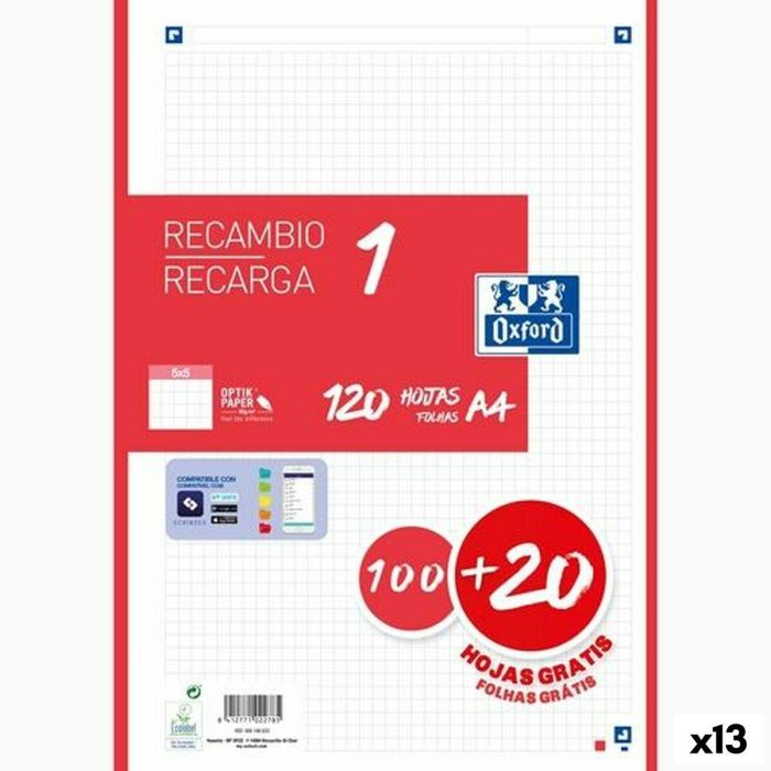 Hojas de cuadrícula Oxford Classic Rojo A4 120 Hojas Recambio (13 Unidades) Hojas de cuadrícula Oxford Classic Rojo A4 120 Hojas Recambio (13 Unidades)