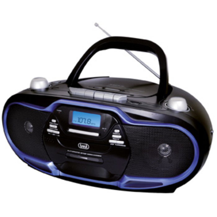 Trevi 057404 Sistema Estéreo Portátil con Batería, Radio Digital AM/FM, Reproductor CD/MP3, Cassette y USB 20W Negro/Azul