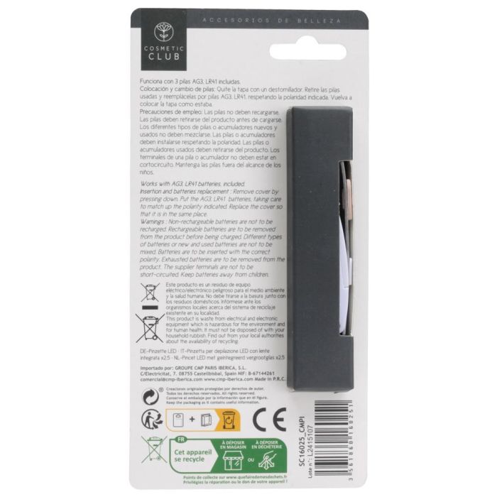 Cosmetic Club Pinzas Depilación con LED y Lupa x25 - Precisión Facial, Pilas Incluidas 3