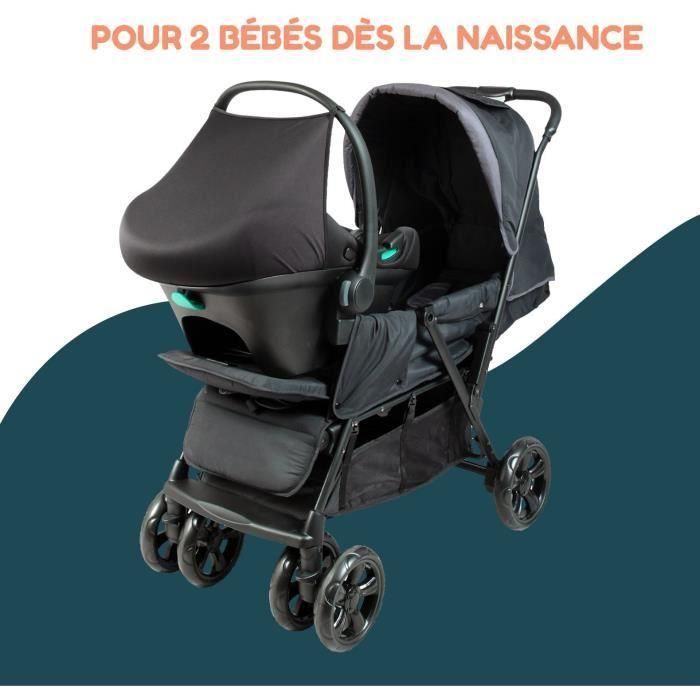 Cochecito doble gemelo - BAMBISOL - Cochecito doble combinado + Silla de coche I-size - 4 ruedas - Negro 4 Cochecito doble gemelo - BAMBISOL - Cochecito doble combinado + Silla de coche I-size - 4 ruedas - Negro 4