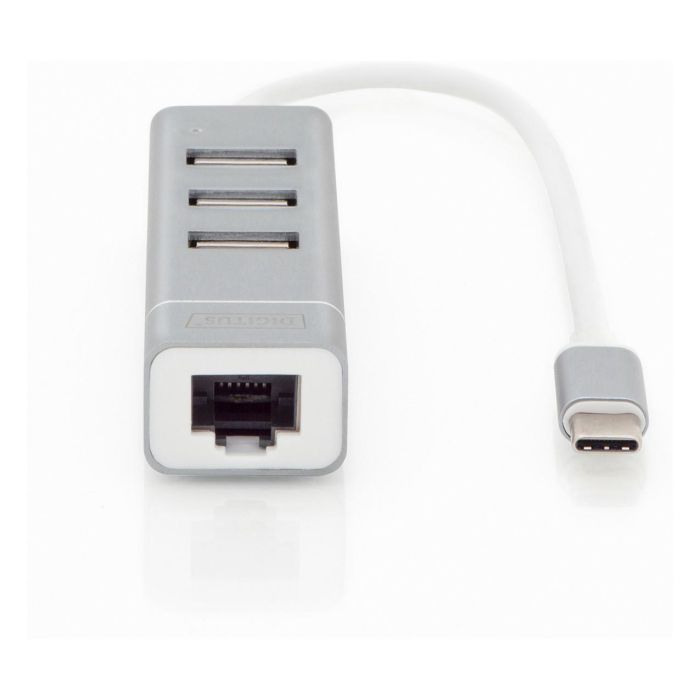 Digitus Adaptador USB 2.0 a RJ45 Ethernet y Hub de 3 Puertos, Conexión Type-C, Aluminio