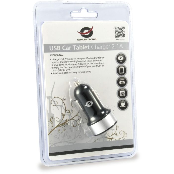 Conceptronic Cargador Dual USB para Coche 12V/24V para Tablet, Smartphone y Dispositivos USB, 2 Puertos 5