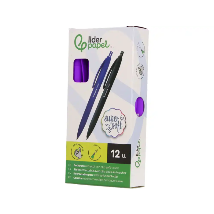 Liderpapel Bolígrafo Retráctil Punta 1 mm con Clip - Tinta Azul, Cuerpo Morado Acabado Soft Touch, 27x145x70 mm Liderpapel Bolígrafo Retráctil Punta 1 mm con Clip - Tinta Azul, Cuerpo Morado Acabado Soft Touch, 27x145x70 mm