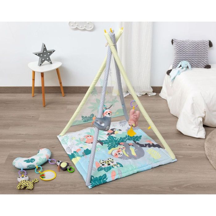 KioKids Teepee-Mantita de Actividades Perezoso 2 en 1, con 5 Juguetes (Peluches, Espejos, Mordedores) Multicolor para Bebés +0 Meses