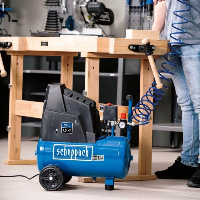 Scheppach HC26 Compresor de aire horizontal 24L 1500W 8 bares con 280ml aceite 3 Scheppach HC26 Compresor de aire horizontal 24L 1500W 8 bares con 280ml aceite 3