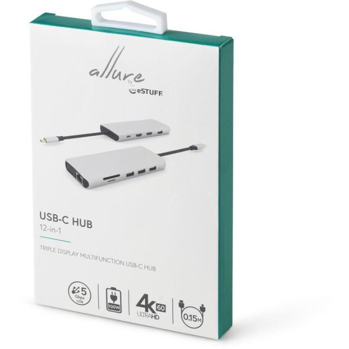 eSTUFF Hub móvil USB-C 12 en 1 triple pantalla para PC y tabletas - Dock multipuerto con HDMI 4K, VGA, PD 100W y Ethernet 5