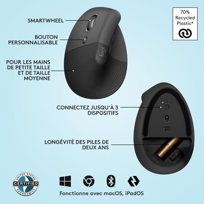 Ratón inalámbrico vertical ergonómico Logitech Lift Left para zurdos, receptor USB Bluetooth o Logi Bolt, silencioso 5