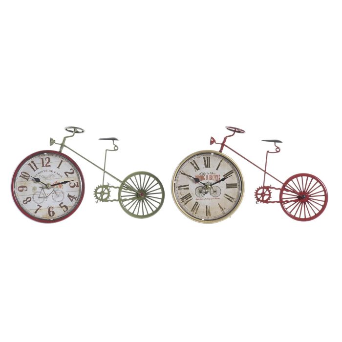 DKD Home Decor Reloj Sobremesa Shabby de Hierro con Bicicleta, Colores Surtidos (Verde/Rojo), 34.5 Ancho x 22.5 Alto x 5 Profundo cm, Pack 4 Unidades