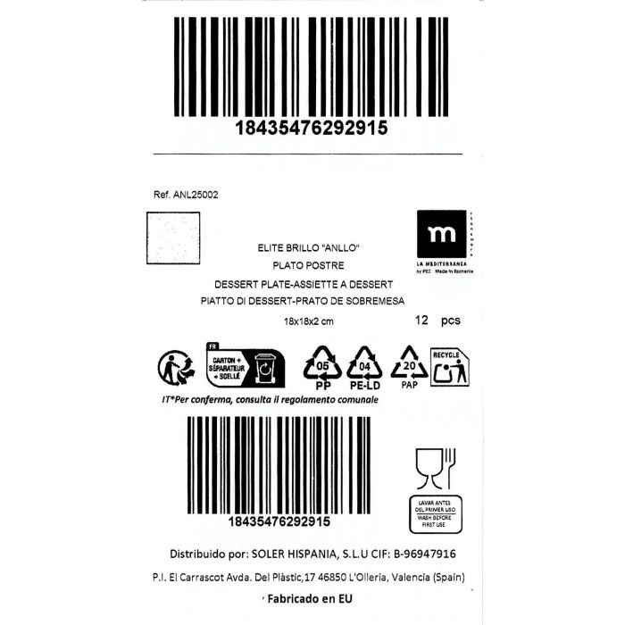 La Mediterranea Plato Postre "Anllo" Elite Brillo 18x18 cm (12 Unidades) La Mediterranea Plato Postre "Anllo" Elite Brillo 18x18 cm (12 Unidades)