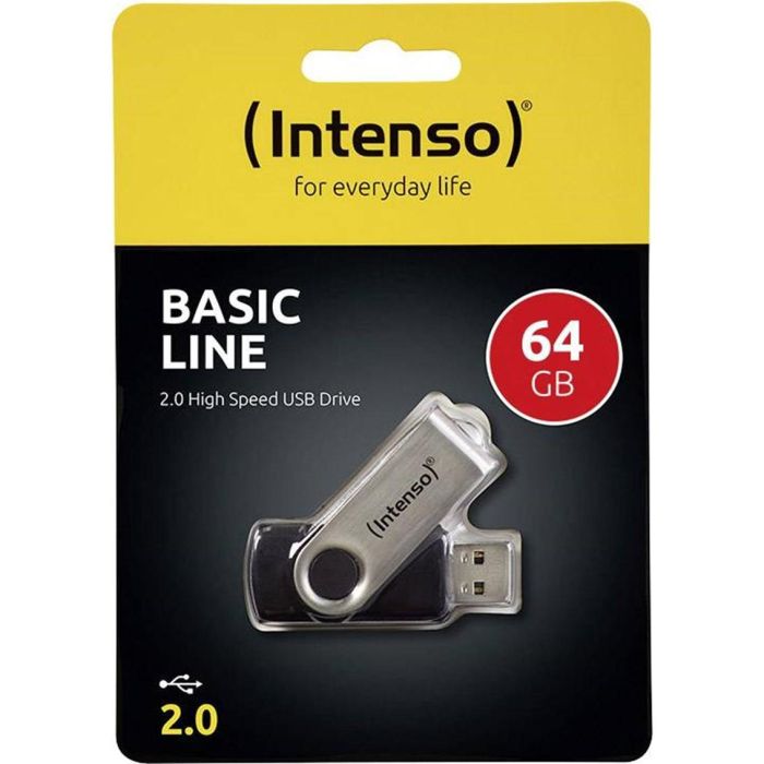 Intenso Basic 3503490 Memoria USB 2.0, 64 GB, Negro y Plata, Lectura hasta 28 MB/s