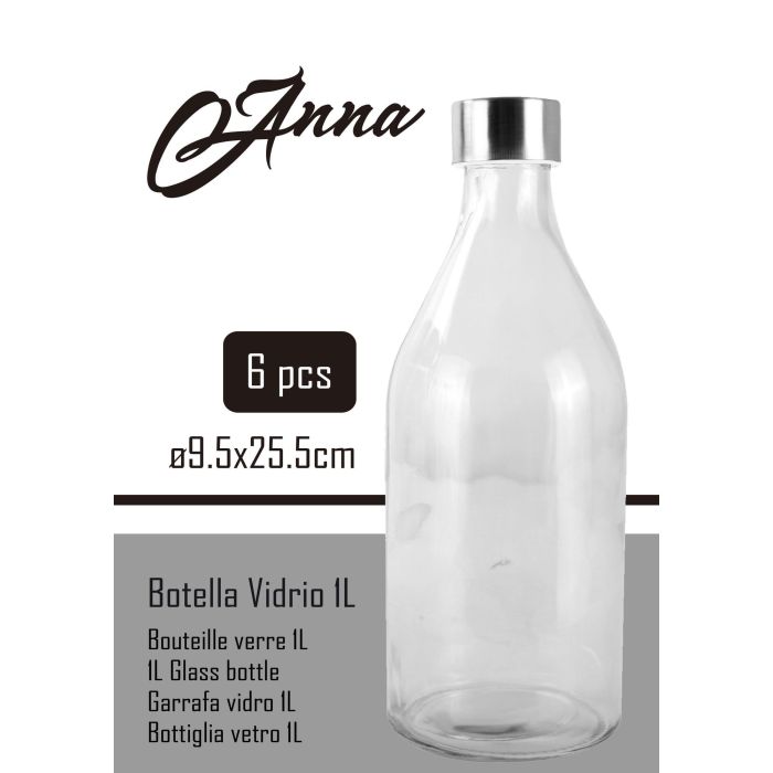Anna Botella de Vidrio 1L con Tapa de Metal Redonda - 9,4 x 9,3 x 25,3 cm (6 Unidades) 7