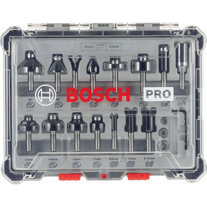 Bosch 2 607 017 472 - Set de Fresas Mixtas 15 Piezas, Carburo, para Madera, Vástago 8mm, DIN EN-847 8