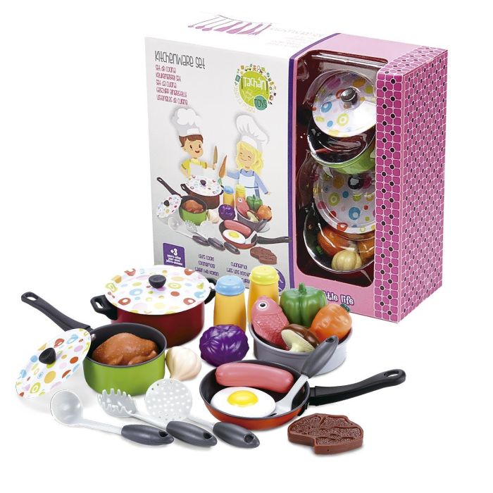 Tachan Cs007 Set de Menaje Cocina de Juguete Metálico 22 Piezas con Alimentos, Sartenes y Cazuelas para Niños +3 Años