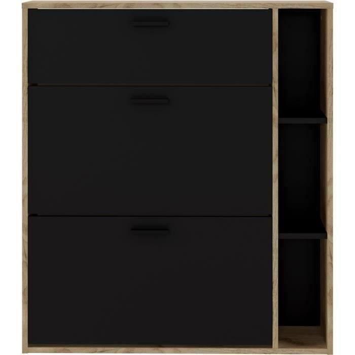 Zapatero LEONA de 2 puertas - Melamina negra y contorno de roble rústico - 8 a 10 pares - L90 x P25 x H102 cm 2 Zapatero LEONA de 2 puertas - Melamina negra y contorno de roble rústico - 8 a 10 pares - L90 x P25 x H102 cm 2