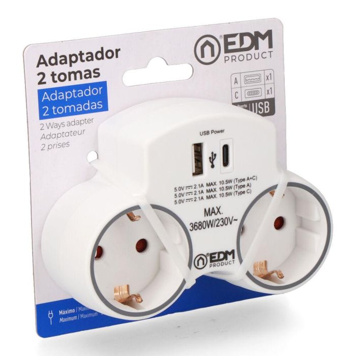 Adaptador 2 tomas 2p+t schuko con 2 usb (a + c), blanco 3 Adaptador 2 tomas 2p+t schuko con 2 usb (a + c), blanco 3