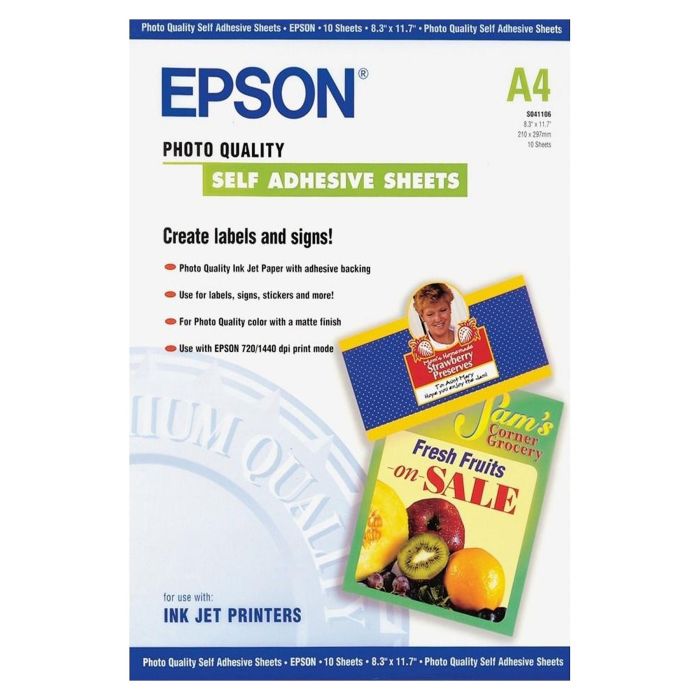 Epson S041106 Papel Fotográfico Autoadhesivo Mate para Inkjet, 167g/m², Formato A4, 10 Hojas, Compatible con Expression Premium XP-900/830/820 Epson S041106 Papel Fotográfico Autoadhesivo Mate para Inkjet, 167g/m², Formato A4, 10 Hojas, Compatible con Expression Premium XP-900/830/820