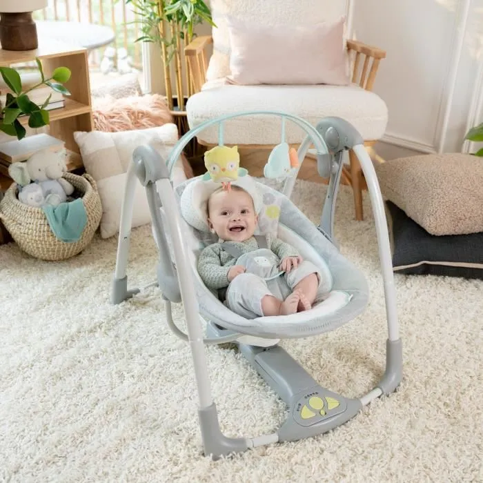 Ingenuity Hugs & Hoots Compact Swing - 5 Velocidades, Temporizador, Melodías, Barra de Actividad, Transportable, Desde el Nacimiento 1