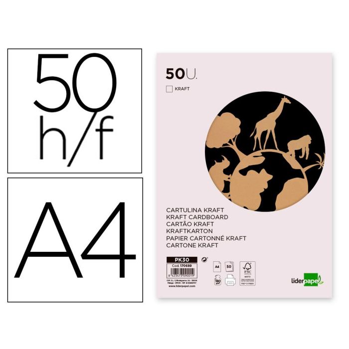 Cartulina Kraft Liderpapel A4 180 gr-M2 Paquete De 50 Hojas