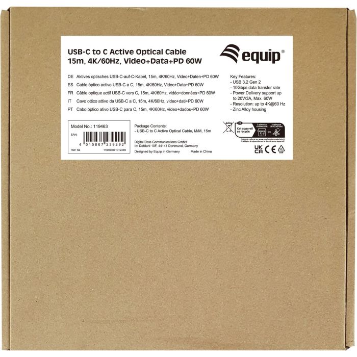 EQUIP Cable USB-C a USB-C 119463, 15m, USB 3.2 Gen 2 (10Gbps), 60W PD, 4K@60Hz, DisplayPort Alt Mode, Negro 3 EQUIP Cable USB-C a USB-C 119463, 15m, USB 3.2 Gen 2 (10Gbps), 60W PD, 4K@60Hz, DisplayPort Alt Mode, Negro 3