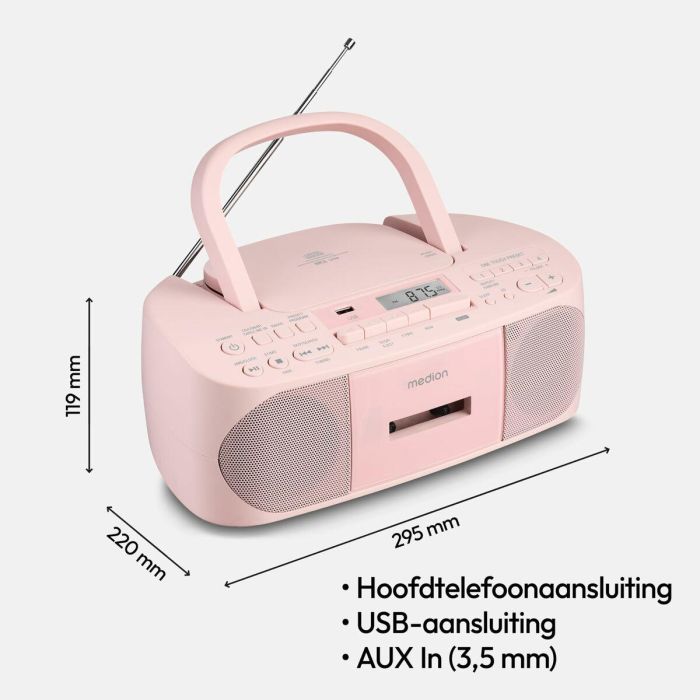 Medion AAAQL64901 Radio CD K7 FM portátil con 2x3W RMS de potencia, color rosa 1