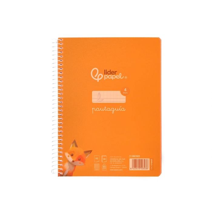 Liderpapel Cuaderno espiral A5 Pautaguía Tapa Plástico 80h 90gr Cuadro Pautado 4mm Color Naranja 1