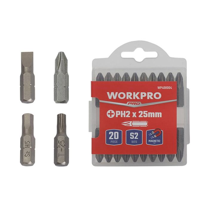 Workpro Juego de Puntas Magnéticas H6 x 25 mm, 20 Piezas, Acero S2, Alta Dureza y Torsión