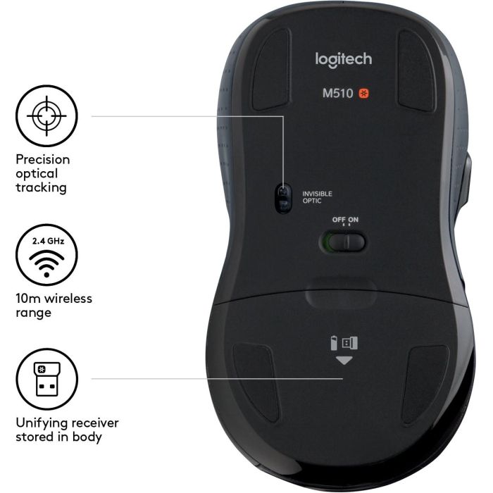 Logitech M510 Ratón Inalámbrico Láser Negro, Diseño Ergonómico Full-Size, Desplazamiento Lateral, Botones Programables, Receptor Unifying 5