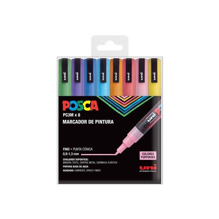 POSCA Marcador PC-3M-8C Punta Cónica 0,9-1,3 mm, Tinta Base Agua No Permanente, Ideal para Cartelería y Decoración