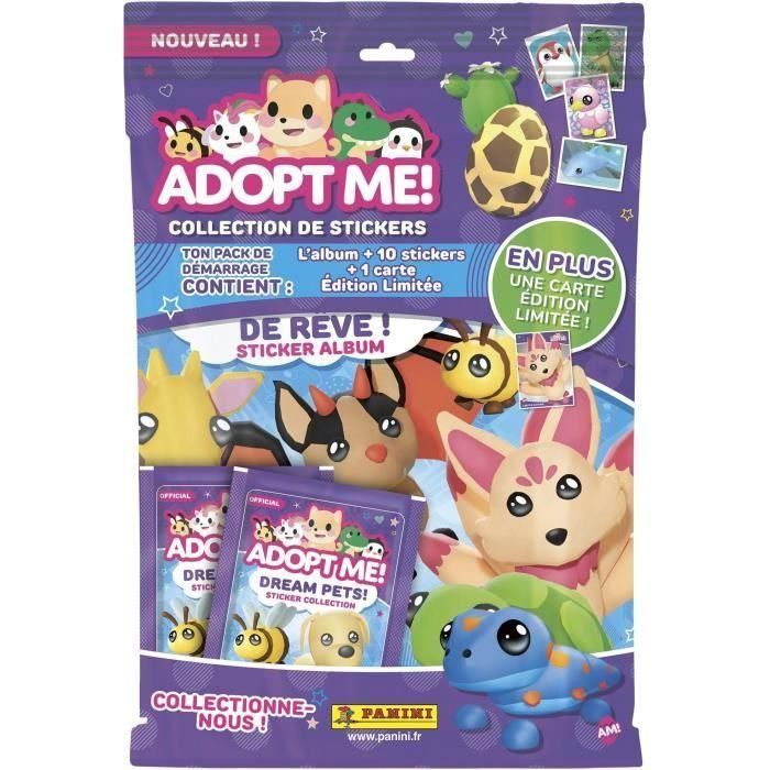 Paquete de inicio - PANINI - ¡Adoptame! Roblox - Álbum + 2 fundas - 1 tarjeta de edición limitada - 10 pegatinas Paquete de inicio - PANINI - ¡Adoptame! Roblox - Álbum + 2 fundas - 1 tarjeta de edición limitada - 10 pegatinas