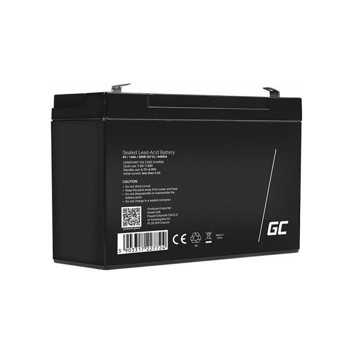 Green Cell AGM34 Batería Sellada de Plomo-Ácido (VRLA) 6V 14Ah 4