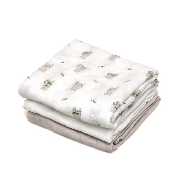 Set De 3 Muselinas Gris, Blanco Y Estampado Ratoncitos 70x70 cm