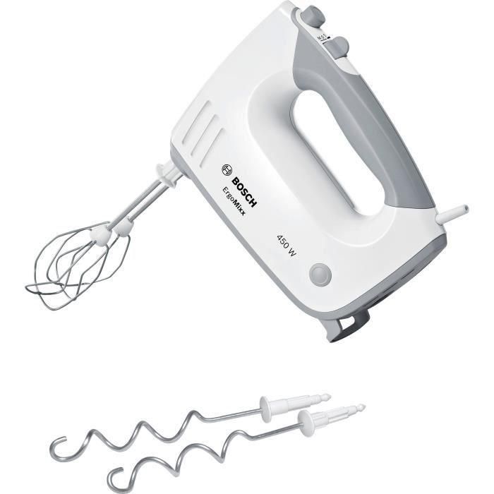 Batidora ErgoMixx 450 W - BOSCH MFQ36400 blanco/gris - 5 velocidades + turbo - 2 batidores de acero inoxidable - 2 ganchos amasadores de acero inoxidable - Batidora ErgoMixx 450 W - BOSCH MFQ36400 blanco/gris - 5 velocidades + turbo - 2 batidores de acero inoxidable - 2 ganchos amasadores de acero inoxidable -