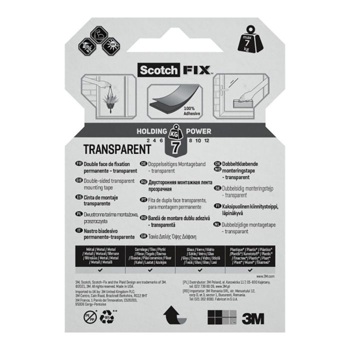 Scotch Cinta Doble Cara de Montaje Transparente, 19mm x 1.5m, Sujeta hasta 7 kg 2 Scotch Cinta Doble Cara de Montaje Transparente, 19mm x 1.5m, Sujeta hasta 7 kg 2