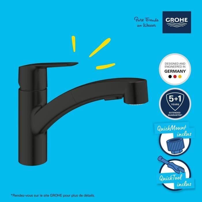 Grifo de cocina - Mezclador monomando de fregadero - Negro mate - Aireador extraíble - Desviador de 2 chorros - GROHE Start - 303072431 4