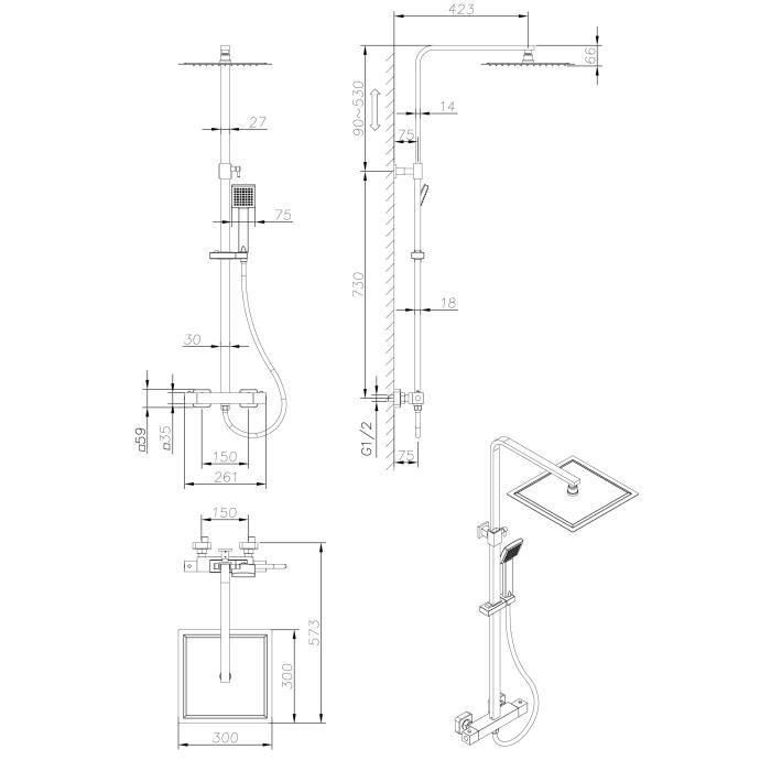 Columna de ducha OCEANIC - Mezclador termostático - Rociador alto cuadrado 30x30 cm - Negro mate 3