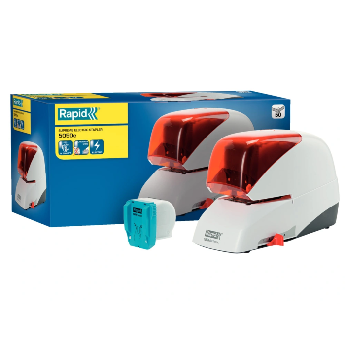 Rapid Grapadora Eléctrica 5050e, Capacidad 50 Hojas, Usa Cassette Grapas, Plata/Naranja 1
